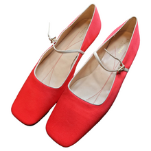 Load image into Gallery viewer, Kate Spade Red Satin Square Toe Ballet Mary Jane Flats Size 9
