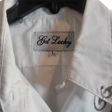 Load image into Gallery viewer, 90s Vintage Get Lucky White Button Up Shirt Size L