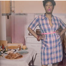 Load image into Gallery viewer, 1960s Vintage Plaid Zip Up House Dress With Front Pockets - Lucille Golden Vintage Dresses