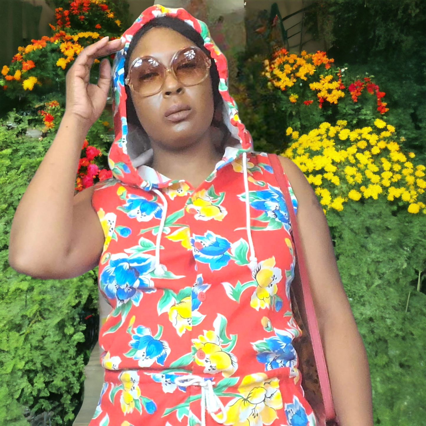 90s Vintage Adrienne Vittadini Floral Hooded Romper Size M