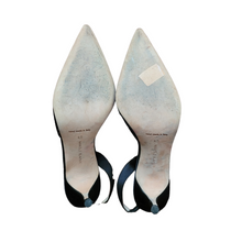 Load image into Gallery viewer, MANOLO BLAHNIK CAROLYNE BLACK SATIN LOW HEEL POINTY TOE SLINGBACK PUMPS PREOWNED DESIGNER SHOS LUCILLE GOLDEN VINTAGE