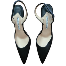 Load image into Gallery viewer, Black Satin Manolo Blahnik Carolyne Pointy Toe Slingback Pump Preowned Lucille Golden Vintage Shop Preloved Shoes