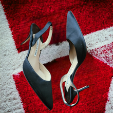 Load image into Gallery viewer, Black Satin Manolo Blahnik Carolyne Pointy Toe Slingback Pump Preowned Lucille Golden Vintage Shop Preloved Shoes