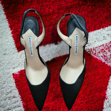 Load image into Gallery viewer, Black Satin Manolo Blahnik Carolyne Pointy Toe Slingback Pump Preowned Lucille Golden Vintage Shop Preloved Shoes