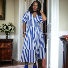 Load image into Gallery viewer, AYR Extra Extra Marais Blue Regatta Stripe Cotton Poplin Dress Size M