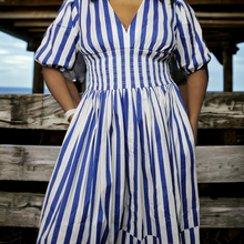 Load image into Gallery viewer, AYR Extra Extra Marais Blue Regatta Stripe Cotton Poplin Dress Size M