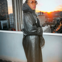 Load image into Gallery viewer, Vintage Black Leather Trench Coat- Maxi Leather Coat - Issey Miyake Pleats -Lucille Golden Vintage