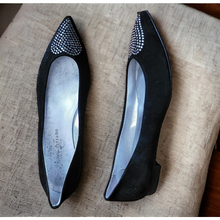 Load image into Gallery viewer, Andrea Carrano Crystal Adorned Black Suede Pointy Toe Ballerina Shop Lucille Golden Vintage