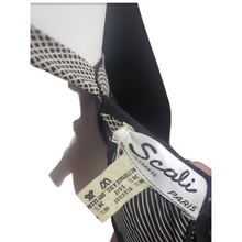 Load image into Gallery viewer, 1970s Vintage Clothing Tags Summer Dresses Scali Silk Halter Navy Graphic Polka Dot Maxi Dress Made in France Size S Lucille Golden Vintage