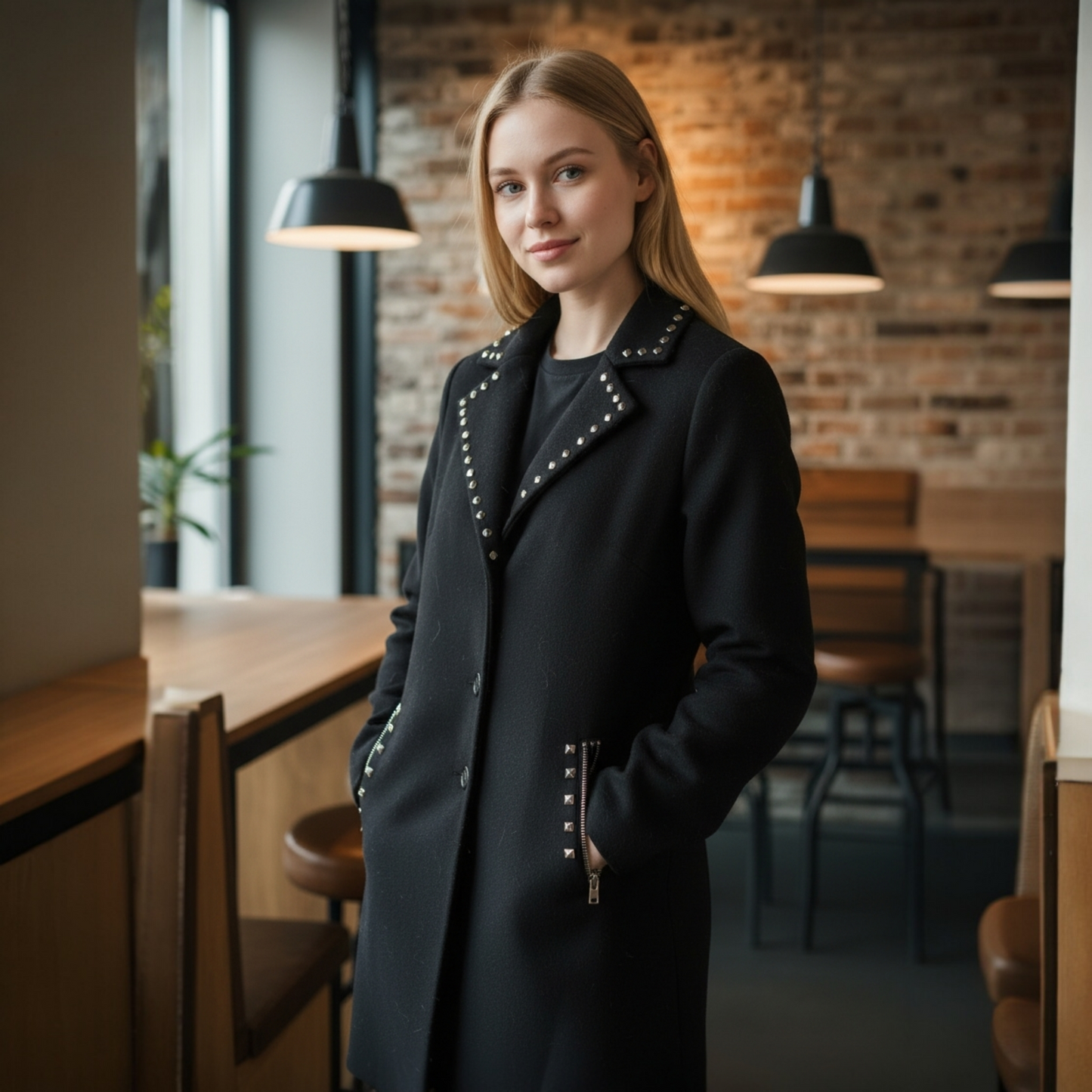 2000s Black Moschino Rock Stud Wool Pea Coat Size L