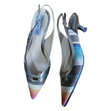 Load image into Gallery viewer, Diane B Pointy Toe Kitten Heel Stripe Linen Slingback Heels Shop Womens Preowned Designer Shoes Lucille Golden Vintage