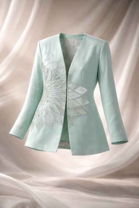 Vintage Mariella Ferretti Mint Embellished Evening Jacket – Beaded Geometric Art-Deco Blazer