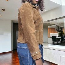 Load image into Gallery viewer, 90s Vintage Suede Leather CowGirl Jacket Studded and Fringe Leather Jackets Saguaro West Suede Jacket Lucille Golden Vintage Size Small Shop Brooklyn Vintage Online Vintage Pop Up NYC Vintage Clothing Shop