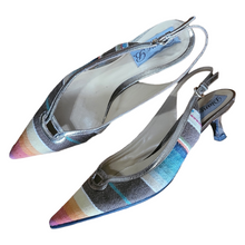 Load image into Gallery viewer, Diane B Pointy Toe Kitten Heel Stripe Linen Slingback Heels Size 38
