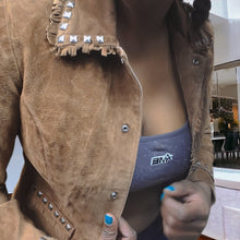 Load image into Gallery viewer, 90s Vintage Suede Leather CowGirl Jacket Studded and Fringe Leather Jackets Saguaro West Suede Jacket Lucille Golden Vintage