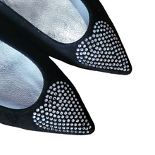 Load image into Gallery viewer, Andrea Carrano Crystal Adorned Black Suede Pointy Toe Ballerina Shop Lucille Golden Vintage