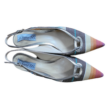 Load image into Gallery viewer, Diane B Pointy Toe Kitten Heel Stripe Linen Slingback Heels Shop Womens Preowned Designer Shoes Lucille Golden Vintage