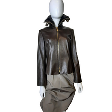 Load image into Gallery viewer, Dana Buchman Brown Leather Beaver Collar Double Zip Jacket Sz 4