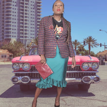 Load image into Gallery viewer, 90s Vintage Donna Vinci Church Suit Pencil Skirt.With Pleated Ruffle Hem Size 6