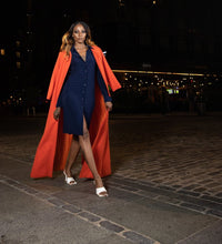 Load image into Gallery viewer, Vintage Norma Kamali Timeless Navy Jersey Shirtdress Sz. S