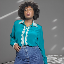 Load image into Gallery viewer, Bob Mackie Embroidered Lace Trim Silk Blouse Size Large