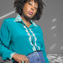 Load image into Gallery viewer, Bob Mackie Embroidered Lace Trim Silk Blouse Size Large