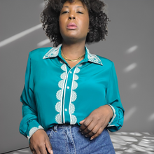 Load image into Gallery viewer, Bob Mackie Embroidered Lace Trim Silk Blouse Size Large