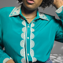 Load image into Gallery viewer, Bob Mackie Embroidered Lace Trim Silk Blouse Size Large