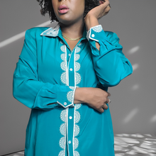 Load image into Gallery viewer, Bob Mackie Embroidered Lace Trim Silk Blouse Size Large