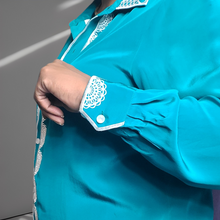 Load image into Gallery viewer, Bob Mackie Embroidered Lace Trim Silk Blouse Size Large