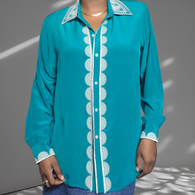 Load image into Gallery viewer, Bob Mackie Embroidered Lace Trim Silk Blouse Size Large