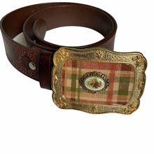 Load image into Gallery viewer, Vintage Leather Tooled Belt with Plaid Buckle Size M