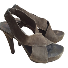Load image into Gallery viewer, DVF Zia Suede Sandals Olive Green Heels sz. 6 1/2