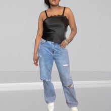 Load image into Gallery viewer, Vintage Black Lace Trim Satin Slip Top Size M