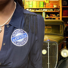 Load image into Gallery viewer, J.Crew ❌ Ralph Lauren Custom Navy Silk Button Down Blouse with Fringe size M/10