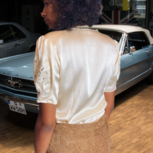 Load image into Gallery viewer, 1960s Peony Hand Embroidered Silk Blouse Size Small