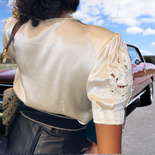 Load image into Gallery viewer, 1960s Peony Hand Embroidered Silk Blouse Size Small