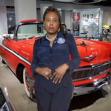 Load image into Gallery viewer, J.Crew ❌ Ralph Lauren Custom Navy Silk Button Down Blouse with Fringe size M/10