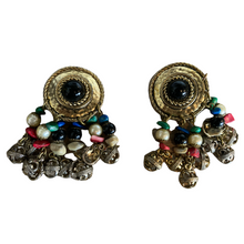 Load image into Gallery viewer, Vintage Dome Plate, Cabachon Stone Fringe Chandelier Clip-on Earrings