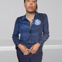 Load image into Gallery viewer, J.Crew ❌ Ralph Lauren Custom Navy Silk Button Down Blouse with Fringe size M/10