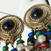 Load image into Gallery viewer, Vintage Dome Plate, Cabachon Stone Fringe Chandelier Clip-on Earrings