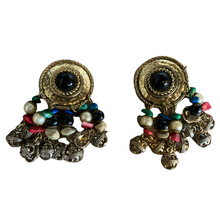 Load image into Gallery viewer, Vintage Dome Plate, Cabachon Stone Fringe Chandelier Clip-on Earrings