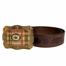 Load image into Gallery viewer, Vintage Leather Tooled Belt with Plaid Buckle Size M