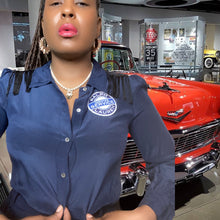 Load image into Gallery viewer, J.Crew ❌ Ralph Lauren Custom Navy Silk Button Down Blouse with Fringe size M/10