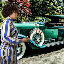 Load image into Gallery viewer, Vintage Blue Silk Stripe Blousan Dress Size L