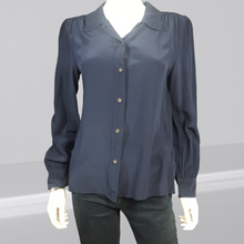 Load image into Gallery viewer, J.Crew ❌ Ralph Lauren Custom Navy Silk Button Down Blouse with Fringe size M/10