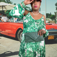 Load image into Gallery viewer, Cindi Bindi Leaf Print Cold Shoulder Maxi Dress size L