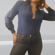 Load image into Gallery viewer, J.Crew ❌ Ralph Lauren Custom Navy Silk Button Down Blouse with Fringe size M/10