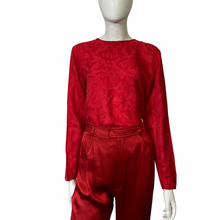 Load image into Gallery viewer, Place Elegante for Bloomingdales Red Silk Leaf Jacquard Blouse Size M