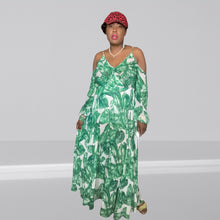 Load image into Gallery viewer, Cindi Bindi Leaf Print Cold Shoulder Maxi Dress size L